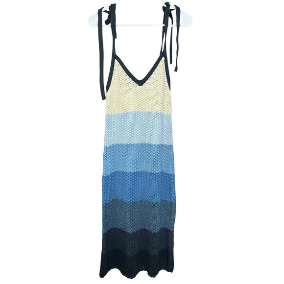 ZARA Crochet Knit Midi Dress S Blue Striped Tie Shoulder Boho Beach Resort NWT - Picture 2 of 15